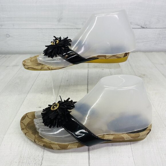 Coach Woman SUKI Leather Brown Khaki Logo Fringe Flower Flat Slide Sandals Sz 7 - Picture 3 of 14